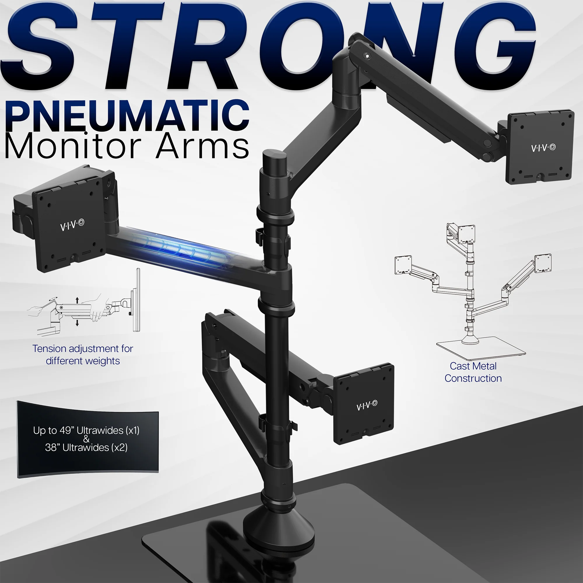 Pneumatic Arm Triple Ultrawide Monitor Extra Tall Desk Stand - Up to 49" Screens - Image 4