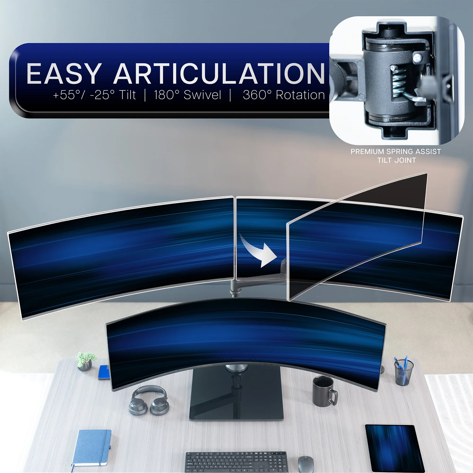 Pneumatic Arm Triple Ultrawide Monitor Extra Tall Desk Stand - Up to 49" Screens - Image 6