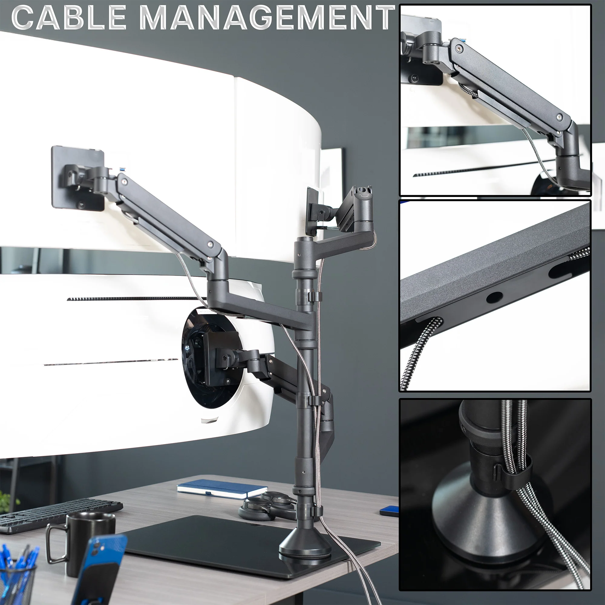 Pneumatic Arm Triple Ultrawide Monitor Extra Tall Desk Stand - Up to 49" Screens - Image 9