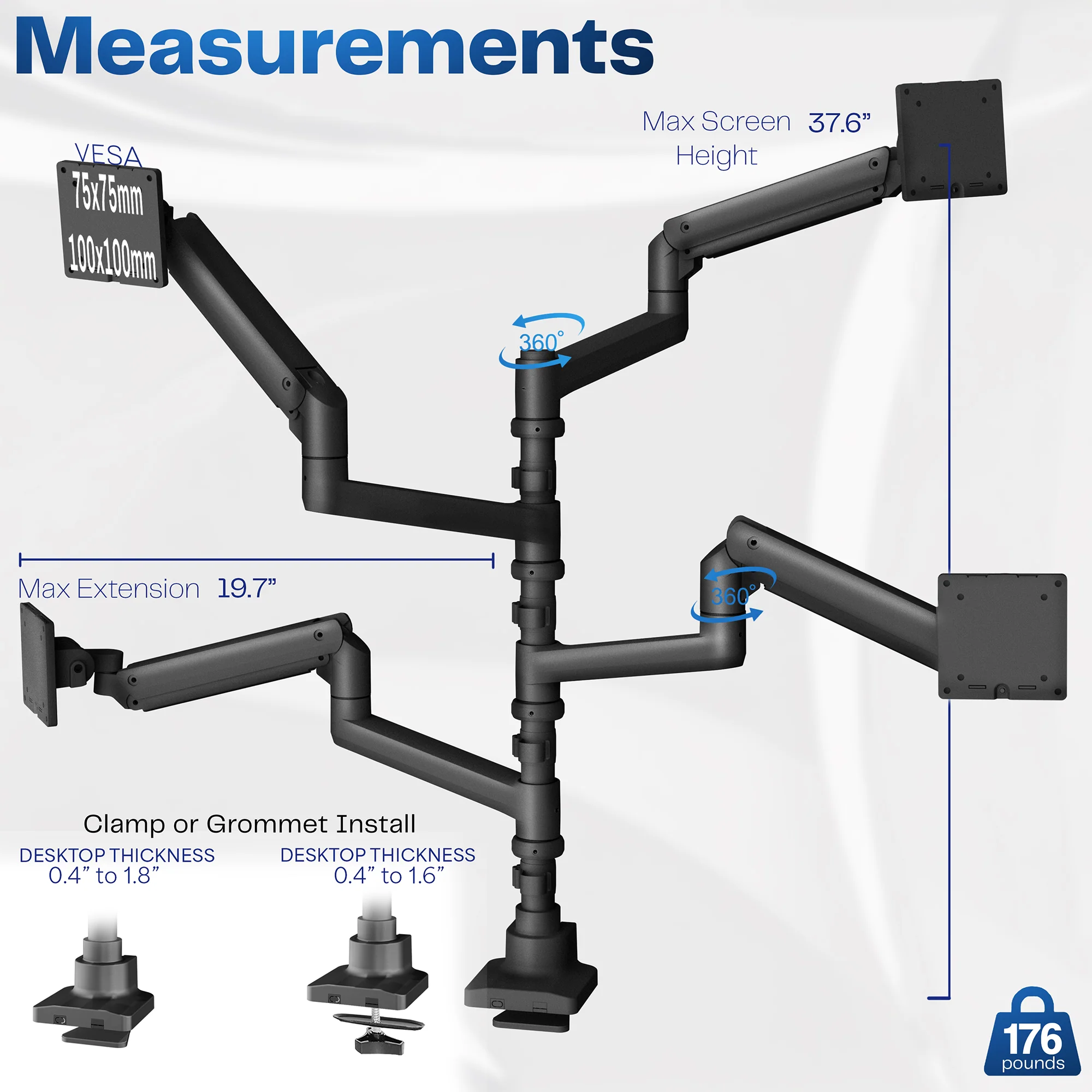 Pneumatic Arm Quad Ultrawide Monitor Extra Tall Desk Mount - Up to 49" Screens - Image 3
