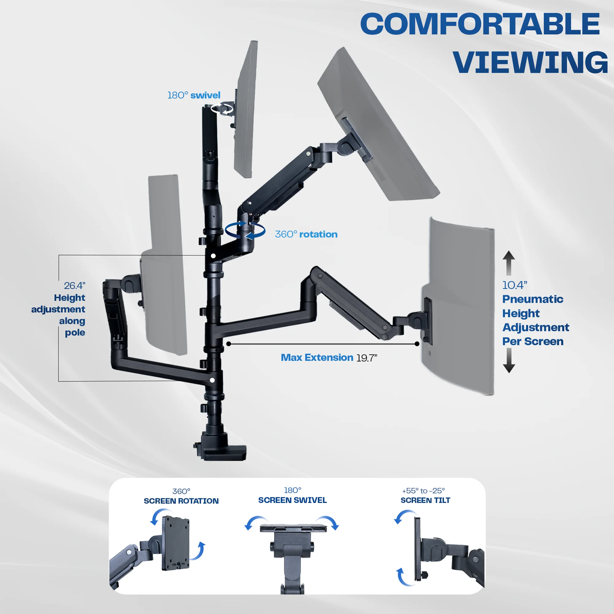 Pneumatic Arm Quad Ultrawide Monitor Extra Tall Desk Mount - Up to 49" Screens - Image 8